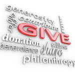 Many 3D words on a white background with a big word Give in red letters surrounded by related terms such as donation, benevolence, offer, share, generosity, con