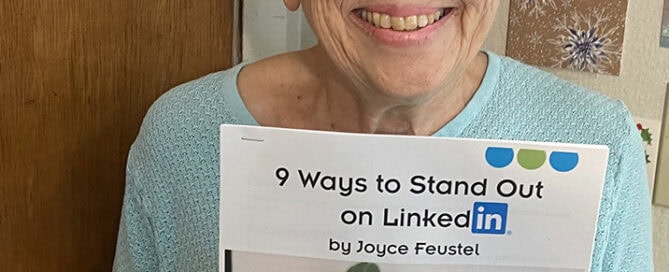 Boomers Social Media Tutor Joyce Feustel with 6th edition of her eBook "9 Ways to Stand Out on LinkedIn"